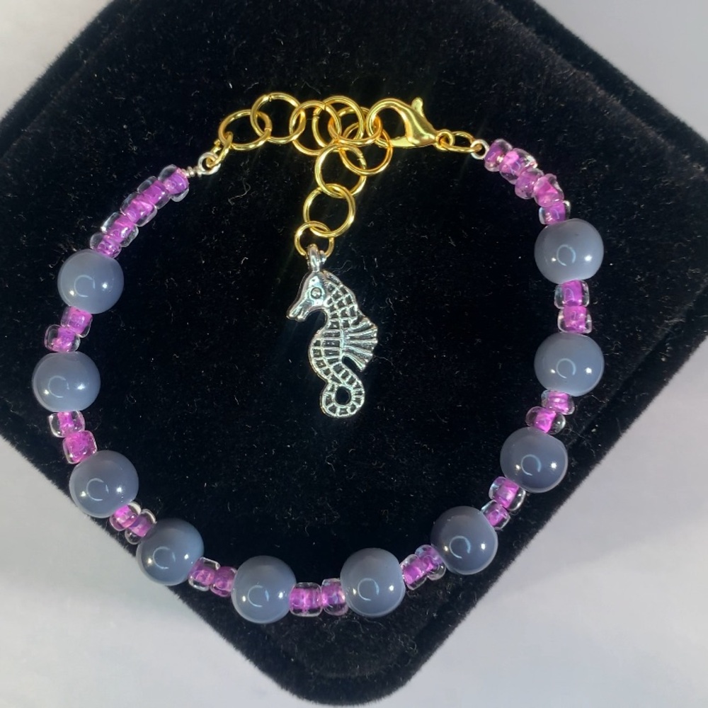 ASH TIDE — Glass Bead Purple and Gold Seahorse Charm Bracelet Handcrafted Gift